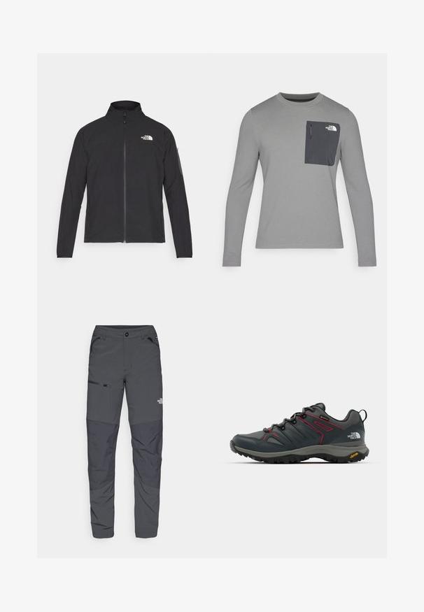 Crna jakna s visokim ovratnikom, prednjim zatvaračem i teksturiranim materijalom. Ima logo na gornjem lijevom dijelu i bočnu žepnju na rukavu.; Siva košulja dugih rukava od teksturiranog materijala, s tamnosivom džepom na prsima i zatvaranjem na patentni zatvarač. Na džepu je logo u bijeloj boji.; Sive vanjske hlače glatke teksture s bočnom džepom na zip, ojačanim koljenima i suptilnim detaljem s logotipom.; Sive planinarske cipele s crvenim naglascima, gornji dio od mrežastog i sintetičkog materijala, sustav vezanja i Vibram potplat za prianjanje. Sadrži Gore-Tex za vodootpornost.