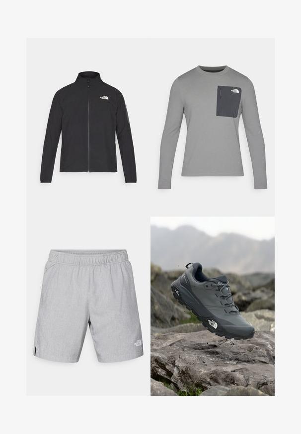 Casaco preto com um colarinho alto, fecho na frente e tecido texturizado. Apresenta um logótipo no canto superior esquerdo e um bolso lateral na manga.; Camisa de manga longa cinza com tecido texturizado, apresentando um bolso no peito cinza escuro e um fecho em zíper. Logótipo no bolso em branco.; Bermudas cinzentas claras feitas de tecido texturado, com um cós elástico, bolsos laterais e um logótipo na perna inferior direita.; Sapatilha de corrida em trilhos cinza com um cabedal texturizado, sola de borracha durável e ponteira reforçada. Apresenta atacadores e o logótipo da marca de lado.