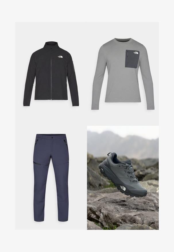 Crna jakna s visokim ovratnikom, prednjim zatvaračem i teksturiranim materijalom. Ima logo na gornjem lijevom dijelu i bočnu žepnju na rukavu.; Siva košulja dugih rukava od teksturiranog materijala, s tamnosivom džepom na prsima i zatvaranjem na patentni zatvarač. Na džepu je logo u bijeloj boji.; Mornarske hlače za vanjsku upotrebu izrađene od lagane, rastezljive tkanine. Značajke uključuju bočne džepove s patentnim zatvaračem i dizajn suženih nogavica za bolju pokretljivost.; Sive trail trkačka cipela s teksturiranim gornjim dijelom, izdržljivom gumenom potplatom i ojačanim vrhom. Ima vezice i logotip branda sa strane.