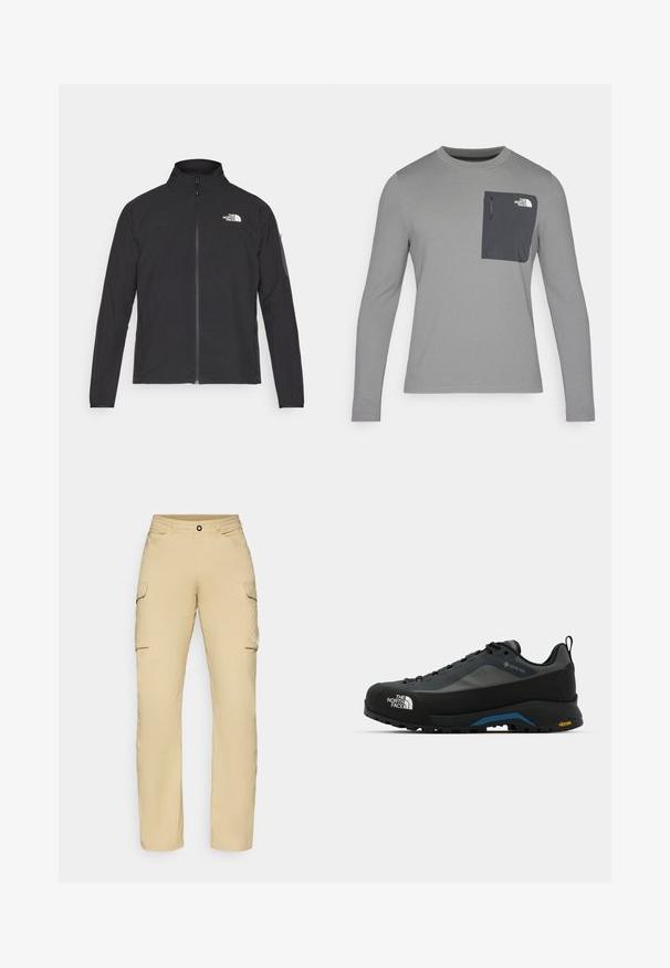 Svart jakke med høy krage, frontglidelås og teksturert stoff. Har et logo på øvre venstre side og en sidelomme på ermet.; Langermet grå skjorte med strukturert stoff, med en mørk grå brystlomme og glidelås. Logo på lommen i hvitt.; Beige cargo bukser med lige snit, der har to sidelommer, en knaplukning og logo-detalje på låret. Letvægtsstof.; The North Face VERTO ALPINE GORE TEX - Fjellsko - asphalt grey/tnf black