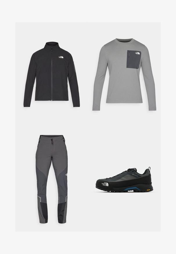 Fekete dzseki magas gallérral, elől cipzárral és texturált anyagból. Az elején bal oldalon logó található, és az ujjon egy oldalsó zseb helyezkedik el.; Hosszú ujjú szürke ing, texturált anyagból, sötétszürke mellzsebbel és cipzárral. A zsebén fehér logó található.; Szürke túranadrág, amely tapered dizájnt, több zsebet és kontrasztos sötétszürke és fekete éleket tartalmaz. Rugalmas, tartós anyagból készült.; The North Face VERTO ALPINE GORE TEX - Túracipők - asphalt grey/tnf black