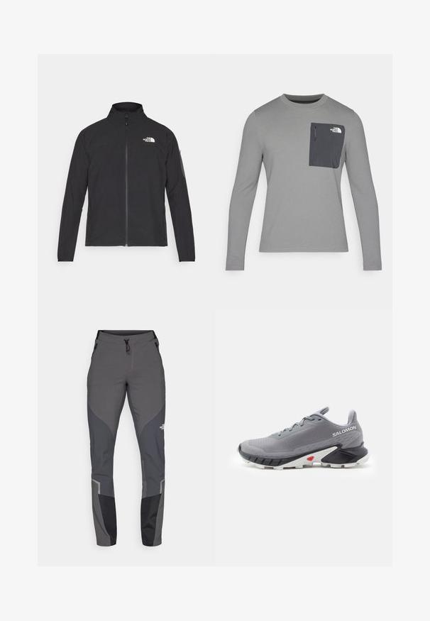 Giacca nera con colletto alto, zip frontale e tessuto strutturato. Presenta un logo sulla parte superiore sinistra e una tasca laterale sulla manica.; Maglietta grigia a maniche lunghe con tessuto testurizzato, dotata di una tasca sul petto grigia scura e chiusura con zip. Logo bianco sulla tasca.; Pantaloni da trekking grigi con design affusolato, molteplici tasche e accenti di contrasto grigio scuro e nero. Realizzati in un materiale flessibile e resistente.; Scarpe da corsa grigie con tomaia in mesh testurizzato, suola in gomma nera e bianca, e accenti rossi vicino al tallone. Caratterizzano lacci e un design di supporto.