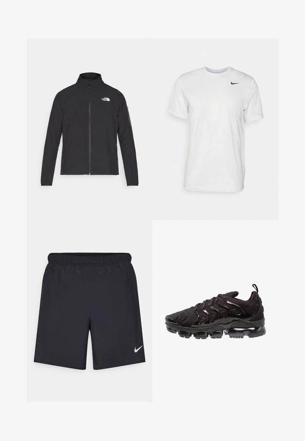 Musta jakk, millel on kõrge krae, eesneediga ja tekstuuriga kangas. Omab logo vasakul ülal ja küljetaskut varrukal.; Valge lühikeste varrukatega t-särk, mis on valmistatud siledast kangast. Omab ümmargust kaelust ja väikest musta Nike logo vasakul rinnal.; Mustad mustikud lühikesed püksid, mis on valmistatud kergest materjalist ja millel on elastne vöökoht. Alumisel vasakul küljel on väike valge Nike logo.; Mustad mustreejalanõud, millel on tekstureeritud kangast pealisosa, läikivad aksessuaarid ja silmapaistev õhkpadi. Omab eristuva lainelise disainiga elemente.