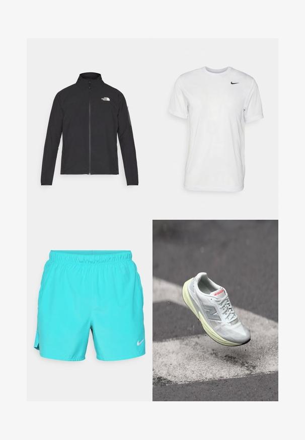 Black jacket with a high collar, front zipper, and textured fabric. Features a logo on the upper left and a side pocket on the sleeve.; White short-sleeve t-shirt made of smooth fabric. Features a round neck and a small black Nike logo on the left chest.; Turquoise athletic shorts made from lightweight fabric. Features an elastic waistband and a white Nike logo on the lower right leg.; Lightweight running shoe with a white mesh upper, yellow midsole, and gray accents. Features a prominent ‘N’ logo and textured surface.