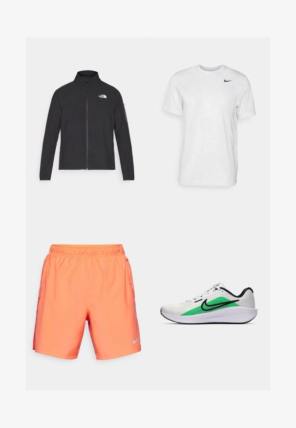 Svart jakke med høy krage, frontglidelås og teksturert stoff. Har et logo på øvre venstre side og en sidelomme på ermet.; Hvit kortermet t-skjorte laget av glatt stoff. Har rund hals og en liten svart Nike-logo på venstre bryst.; Nike Performance CHALLENGER SHORT - Sports shorts - light wild mango/vintage coral/black/reflective silver; Hvit atletisk sko med grønt aksent, svart logo, mesh-overdel, polstret såle og rund hæl. Har snøring og kontrastdetaljer.