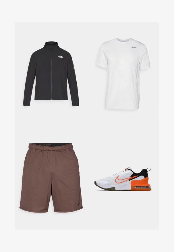 Jachetă neagră cu guler înalt, fermoar frontal și țesătură texturată. Dispune de un logo în partea stângă sus și o buzunar pe manșetă.; Tricou alb cu mâneci scurte, realizat dintr-un material neted. Are guler rotund și un mic logo Nike negru pe partea stângă a pieptului.; Scurti sportivi maro cu talie elastică, având un material texturat și un mic logo Nike negru în partea dreaptă jos.; Pantofii sport albi au un superior din plasă texturată, accente negre și portocalii, o talpă din cauciuc groasă și o secțiune de amortizare transparentă la călcâi.