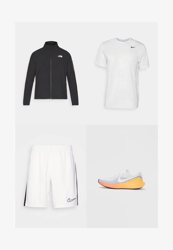 Juodas švarkas su aukšta apykakle, priekiniais užtrauktukais ir tekstūruotu audiniu. Yra logotipas viršuje kairėje ir šoninis kišenė ant rankovės.; Balta trumpa rankovėmis marškinėliai, pagaminti iš lygaus audinio. Turi apvalų kaklą ir mažą juodą Nike logotipą kairėje krūtinės pusėje.; Baltos Nike sportinės šortai su elastingu juosmeniu; turi juodas šonines juosteles ir juodą išsiuvinėtą logotipą apatiniame dešinėjame kampe.; Šviesiai mėlynas bėgimo batelis su orui pralaidžia tinklelio viršutine dalimi. Yra baltas swoosh, oranžinė ir geltona vidurinė dalis bei juodas padas sukibimui.