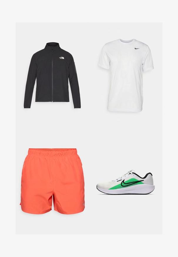 Fekete dzseki magas gallérral, elől cipzárral és texturált anyagból. Az elején bal oldalon logó található, és az ujjon egy oldalsó zseb helyezkedik el.; Fehér, rövid ujjú póló, sima anyagból készült. Kerek nyakkivágással és egy kis fekete Nike logóval rendelkezik a bal mellen.; Korallszínű sportnadrág, rugalmas derékrésszel, könnyű anyagból készült, és egy kis fényvisszaverő logóval az alsó bal oldalon.; Fehér sportcipő zöld akcentussal, fekete logóval, hálós felsőrésszel, párnázott talppal és kerek sarkú kialakítással. Felszereltségében fűzők és kontrasztos részletek találhatók.