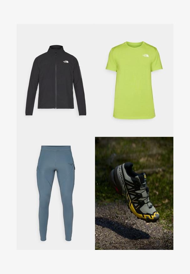 Zwarte jas met een hoge kraag, ritssluiting aan de voorkant en een gestructureerde stof. Heeft een logo op de bovenste linkerzijde en een zijzak op de mouw.; Limoengroene t-shirt met korte mouwen, gemaakt van vochtregulerende stof, met een klein wit logo op de linkerkant van de borst en een ronde hals.; Blauwe sportlegging met een gladde textuur, voorzien van zijzakken en een contrasterend zwart logo op de heup. Strakke pasvorm.; Salomon trailrunning schoen in gedempt grijs met felgele accenten. Voorzien van een gestructureerde zool, een veilig vetersysteem en een gevoerde rand.