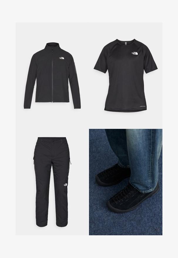 Crna jakna s visokim ovratnikom, prednjim zatvaračem i teksturiranim materijalom. Ima logo na gornjem lijevom dijelu i bočnu žepnju na rukavu.; Crna kratkotrajna atletska majica s teksturiranom tkaninom, koja ima bijeli logo na lijevom prsnom dijelu i ravni rub.; The North Face WINTER EXPLORATION TAPERED CARGO - Hlače za otvoreno - black; Crne ante sneakers sa teksturiranom površinom, diskretnim vezanjem i izdržljivim gumenenim potplatima, u kombinaciji s plavim trapericama.