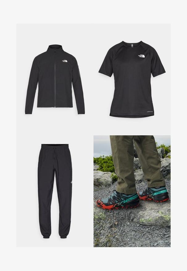 Črna jakna z visokim ovratnikom, sprednjim zadrgo in teksturirano tkanino. Ima logo na zgornji levi strani in stranski žep na rokavu.; Črna kratko rokavna športna majica iz teksturirane tkanine, z belim logotipom na levem prsnem delu in ravnim robom.; Črne atletske hlače iz lahkega materiala, ki imajo elastični pas z vezalko, stranske žepe in zožene manšete na gležnjih.; Salomon tekaški čevlji v črni, teal in rdeči barvi imajo teksturirano, robustno podplat, varno vezalno sistem in lahek, zračen zgornji del.
