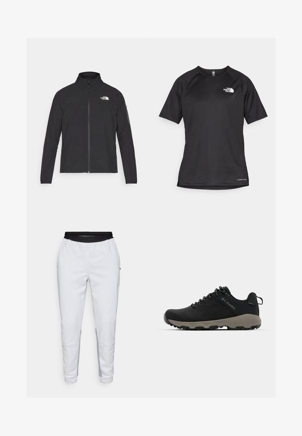 Čierna bunda s vysokým golierom, predným zipsom a textúrovanou tkaninou. Na prednej strane má logo na ľavej hornej strane a bočnú vrecko na rukáve.; Čierne športové tričko s krátkym rukávom z texturovanej látky, s bielym logom na ľavej hrudi a rovným lemom.; Biele športové nohavice s čiernym elastickým pásom. Má bočné vrecká a šedé akcenty pozdĺž spodnej časti nohavíc. Hladká textúra.; Čierne turistické topánky s hladkým zvrškom, perforovaným dizajnom, šedou podrážkou a vystuženým pätou. Obsahujú šnúrky a pútko pre jednoduché obúvanie.
