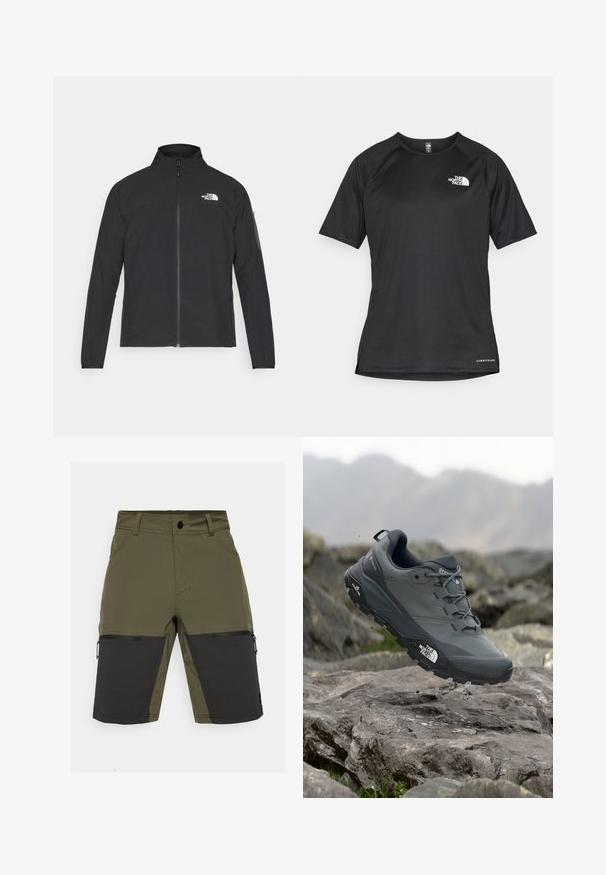Chaqueta negra con cuello alto, cremallera frontal y tejido texturizado. Presenta un logo en la parte superior izquierda y un bolsillo lateral en la manga.; Camiseta atlética corta negra de manga corta con una tela texturizada, que presenta un logo blanco en el lado izquierdo del pecho y un dobladillo recto.; Shorts verde oliva con detalles en negro, con un bolsillo con cremallera y textura suave. Diseñados con un corte recto y material duradero.; Zapatilla de trail running gris con parte superior texturizada, suela de goma duradera y puntera reforzada. Cuenta con cordones y logo de la marca en el lateral.