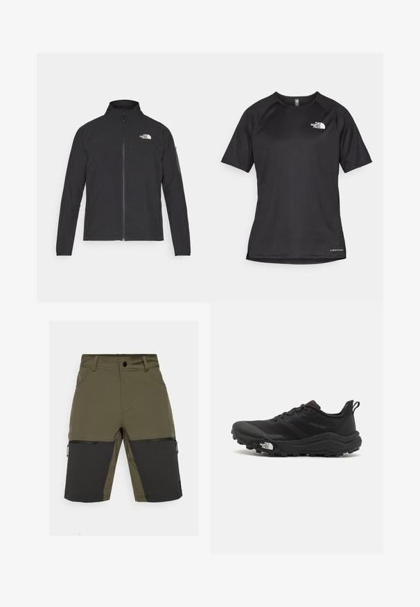 Čierna bunda s vysokým golierom, predným zipsom a textúrovanou tkaninou. Na prednej strane má logo na ľavej hornej strane a bočnú vrecko na rukáve.; Čierne športové tričko s krátkym rukávom z texturovanej látky, s bielym logom na ľavej hrudi a rovným lemom.; Olivovo zelené šortky s čiernymi akcentami, s nastaviteľnou kapsou na zips a hladkou textúrou. Navrhnuté so štýlovým strihom a odolným materiálom.; Čierne trailové behacie topánky s štruktúrovaným zvrškom, gumovou podrážkou a vystuženou špičkou. Obsahuje polstrovaný golier a úchyt na jednoduché obúvanie.