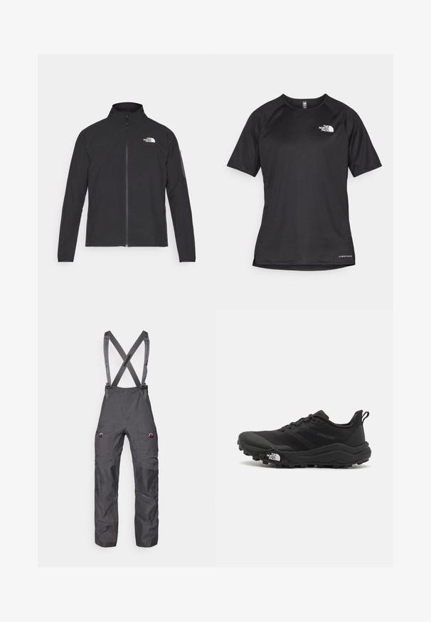 Musta takki, jossa on korkea kaulus, vetoketju edessä ja teksturoitu kangas. Sisältää logon vasemmassa yläkulmassa ja sivutaskun hihassa.; Mustat lyhythihaiset urheilupaidat, joissa on teksturoitu kangas, valkoisella logolla vasemmassa rinnassa ja suora helma.; Harmaat eristetyat haalarit, joissa on säädettävät olkaimet, useita taskuja ja vahvistetut polvet, sekä sileä ja kestävä kangas.; Musta maastojuoksukengät, joissa on teksturoitu päällinen, kumipohja ja vahvistettu varvastoppia. Varusteena pehmustettu nilkkakappale ja vetotappi helppoa pukemista varten.