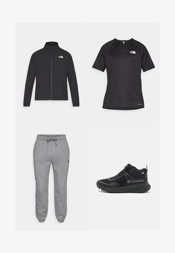 Black jacket with a high collar, front zipper, and textured fabric. Features a logo on the upper left and a side pocket on the sleeve.; Black short-sleeve athletic shirt with a textured fabric, featuring a white logo on the left chest and a straight hem.; The North Face SIMPLE DOME REGULAR TAPERED JOGGER - Tracksuit bottoms - medium grey heather; Black hiking shoes with a mesh upper, textured accents, a cushioned sole, and a prominent logo. Features a secure lace system and pull tab.