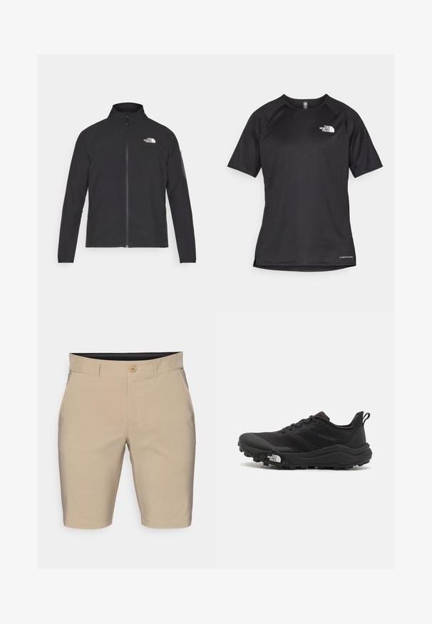 Musta jakk, millel on kõrge krae, eesneediga ja tekstuuriga kangas. Omab logo vasakul ülal ja küljetaskut varrukal.; Must mustreening, lühikeste varrukatega sportpoliis, millel on tekstuuriga kangas, valge logo vasakul rinnal ja sirge äär.; Beezid lühikesed püksid, mis on valmistatud puuvillase segu kangast. Omavad nööbikinnitust, vöökohasid ja sirgeid ääriseid. Ei ole nähtavaid mustreid ega akente.; Must tume jooksujalats musta värvi, tekstuurse ülemise osaga, kummist tallaga ja tugevdatud varbaga. Omab pehmendusega krae ja tõmblinti mugavaks selga panemiseks.