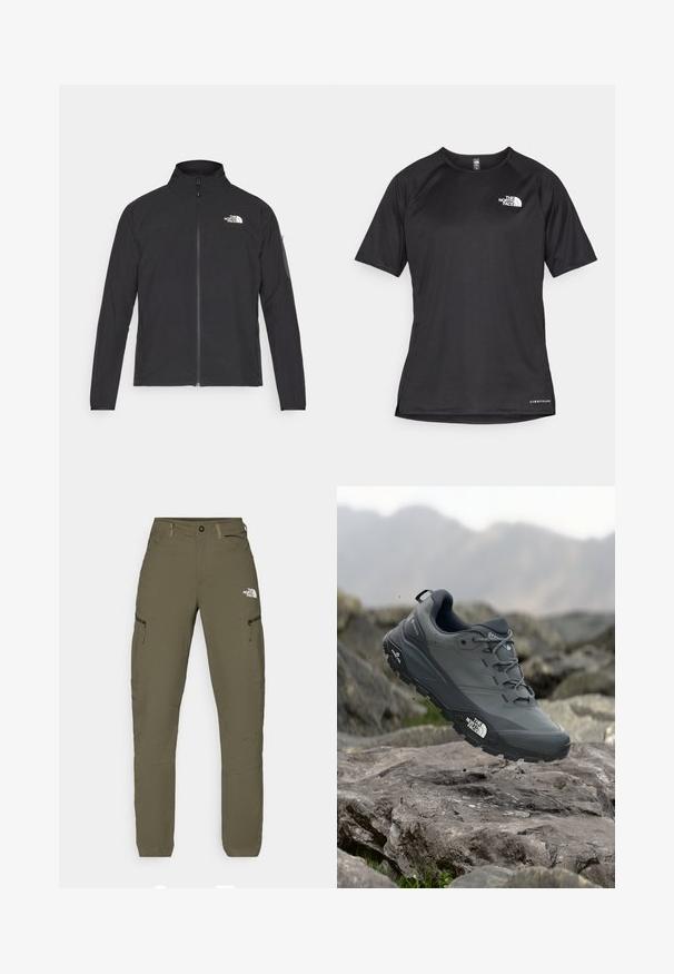 Svart jakke med høy krage, frontglidelås og teksturert stoff. Har et logo på øvre venstre side og en sidelomme på ermet.; Svart kortermet treningstrøye med strukturert stoff, med en hvit logo på venstre bryst og rett kant.; Olivengrønne utedeler med glidelåslomme, laget av lett materiale, med rette ben og The North Face-logo.; Grå terrengløpesko med en teksturert overdel, slitesterk gummisåle og forsterket tåhette. Inkluderer snørebånd og merkevarelogo på siden.