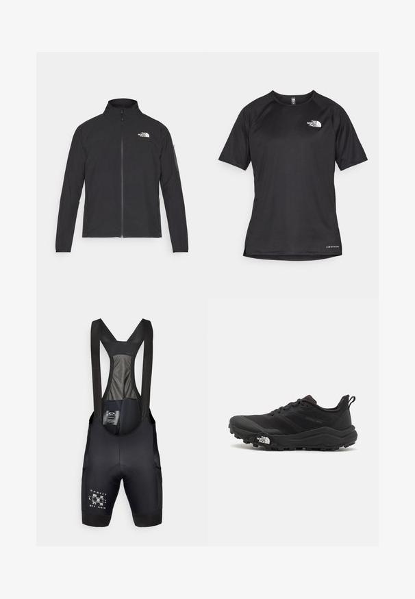 Černá bunda s vysokým límcem, předním zipem a strukturovanou tkaninou. Obsahuje logo na horní levé straně a boční kapsu na rukávu.; Černé sportovní tričko s krátkým rukávem a strukturovanou tkaninou, se bílým logem na levé hrudi a rovým lemem.; Černé cyklistické šortky s kšandami ze síťoviny, polstrovaným sedákem a logem na levé noze. Mají hladkou, elastickou texturu a přiléhavý střih.; Černé trailové běžecké boty s texturovaným svrškem, gumovou podrážkou a vyztuženou špičkou. Obsahují polstrovaný límec a poutko pro snadné obouvání.