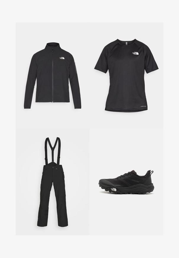 Čierna bunda s vysokým golierom, predným zipsom a textúrovanou tkaninou. Na prednej strane má logo na ľavej hornej strane a bočnú vrecko na rukáve.; Čierne športové tričko s krátkym rukávom z texturovanej látky, s bielym logom na ľavej hrudi a rovným lemom.; Čierne vysokovýkonné zimné nohavice s nastaviteľnými traky, prednými zipsovými vreckami a hladkou, odolnou textúrou.; Čierne trailové behacie topánky s štruktúrovaným zvrškom, gumovou podrážkou a vystuženou špičkou. Obsahuje polstrovaný golier a úchyt na jednoduché obúvanie.