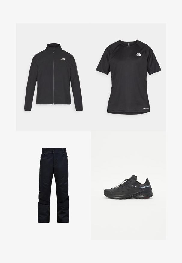 Čierna bunda s vysokým golierom, predným zipsom a textúrovanou tkaninou. Na prednej strane má logo na ľavej hornej strane a bočnú vrecko na rukáve.; Čierne športové tričko s krátkym rukávom z texturovanej látky, s bielym logom na ľavej hrudi a rovným lemom.; Čierne nepremokavé nohavice so strehnutým strihom, dvojitým zapínaním na gombík, vreckami so zipsom a nastaviteľným pásom. Obsahujú hladkú, odolnú textíliu.; Čierna trailová bežecká obuv s textúrovaným vrškom, elastickými šnúrkami a podrážkou Contagrip. Obsahuje tesný strih a ochrannú špicu.