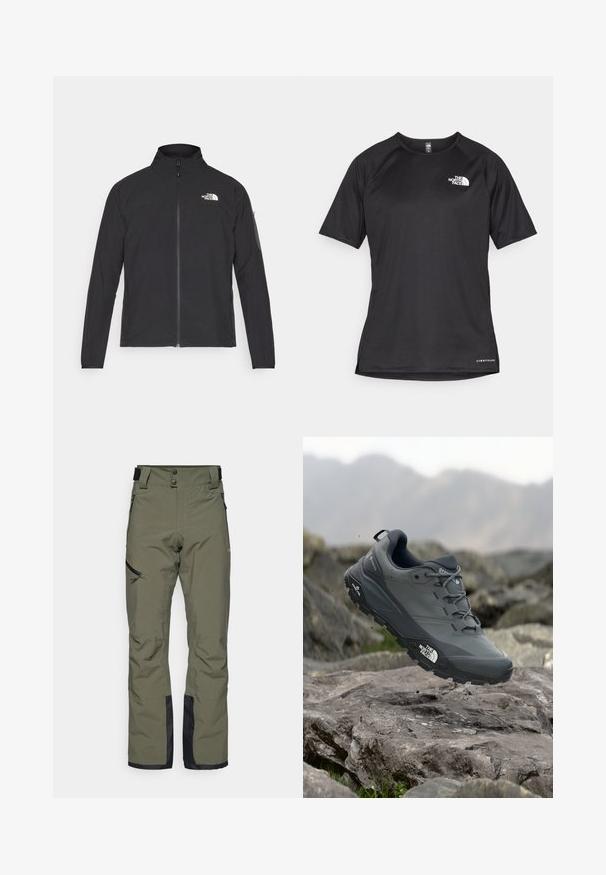 Μαύρο σακάκι με ψηλό γιακά, μπροστινό φερμουάρ και υφασμάτινη υφή. Διαθέτει λογότυπο στο πάνω αριστερό μέρος και πλαϊνή τσέπη στο μανίκι.; Μαύρο αθλητικό μπλουζάκι με κοντά μανίκια και υφή, με λευκή λογότυπο στο αριστερό στήθος και ίσια ραφή.; Ελαιόχρωμα σκι παντελόνια κατασκευασμένα από αδιάβροχο ύφασμα, με διπλό κούμπωμα, πλαινές τσέπες με φερμουάρ και μαύρες λεπτομέρειες στο κάτω μέρος.; Γκρι αθλητικό παπούτσι τρεξίματος με υφή στην επάνω πλευρά, ανθεκτική καουτσούκ σόλα και ενισχυμένη μύτη. Περιλαμβάνει κορδόνια και λογότυπο της μάρκας στο πλάι.