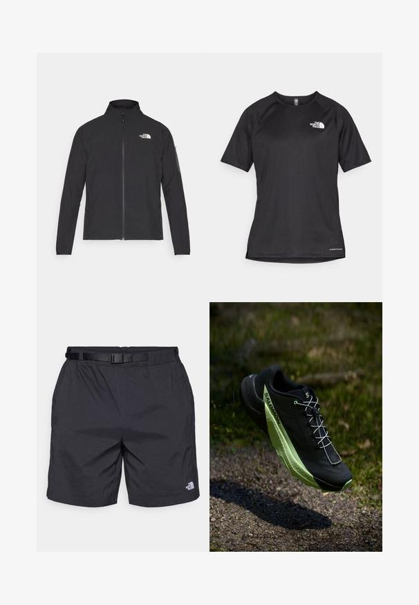 Fekete dzseki magas gallérral, elől cipzárral és texturált anyagból. Az elején bal oldalon logó található, és az ujjon egy oldalsó zseb helyezkedik el.; Fekete, rövid ujjú sportpóló struktúrált anyagból, bal mellen fehér logóval és egyenes aljjal.; Fekete, könnyű anyagú, laza szabású shorts, állítható övvel, oldalsó zsebekkel, és a North Face logójával a jobb alsó lábszáron.; Fekete futócipő texturált felülettel és zöld kiemelésekkel. Könnyű dizájnnal rendelkezik, és egyedi, mintázott talppal a tapadásért.
