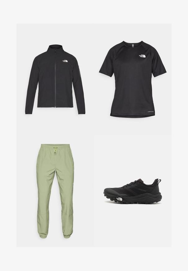 Musta jakk, millel on kõrge krae, eesneediga ja tekstuuriga kangas. Omab logo vasakul ülal ja küljetaskut varrukal.; Must mustreening, lühikeste varrukatega sportpoliis, millel on tekstuuriga kangas, valge logo vasakul rinnal ja sirge äär.; Heledad rohelised spordipüksid elastse vöökoha, paelaga sulgemise ja pahkluude mansettidega; omaduseks on kaks külgtaskut ja sile tekstuur.; Must tume jooksujalats musta värvi, tekstuurse ülemise osaga, kummist tallaga ja tugevdatud varbaga. Omab pehmendusega krae ja tõmblinti mugavaks selga panemiseks.