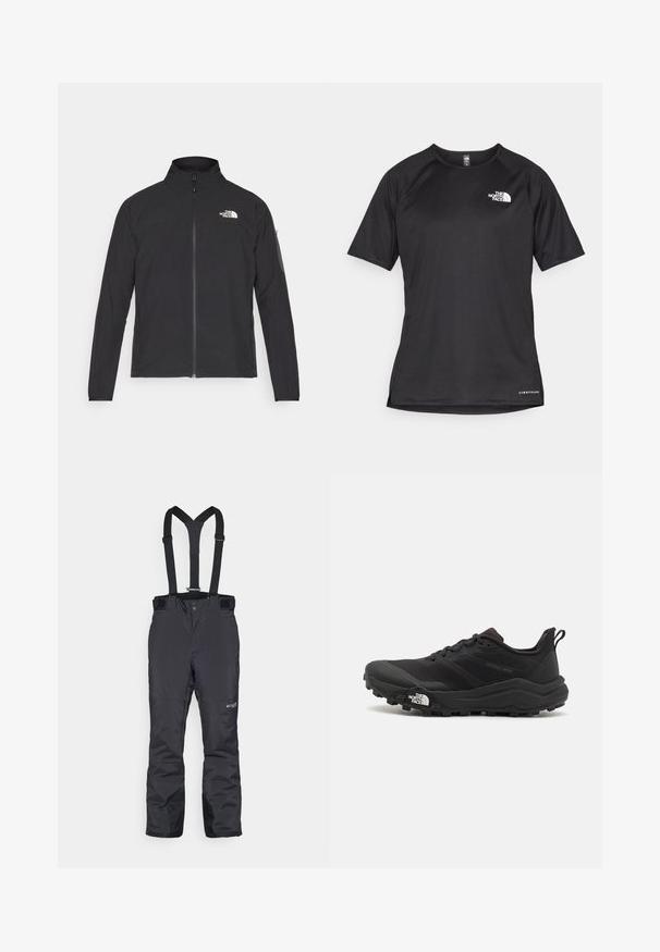 Svart jakke med høy krage, frontglidelås og teksturert stoff. Har et logo på øvre venstre side og en sidelomme på ermet.; Svart kortermet treningstrøye med strukturert stoff, med en hvit logo på venstre bryst og rett kant.; Svart vinterbukser med justerbare seler, med en glatt tekstur, forsterkede knær og subtil merkevare på den nedre leggen.; Svart terrengløpesko med teksturert overdel, gummisåle og forsterket tåhette. Har polstret krage og løftestropp for enkel påkledning.