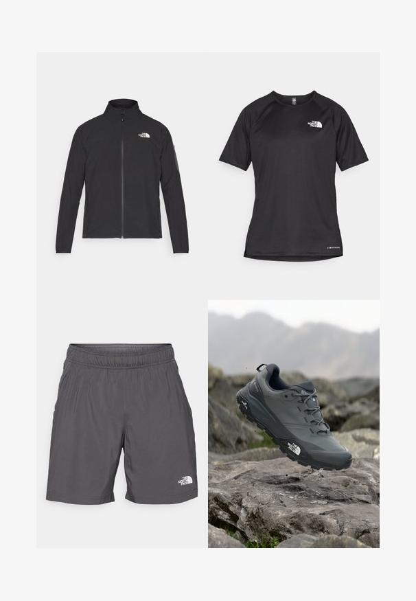 Melna jaka ar augstu apkakli, priekšpuses rāvējslēdzēju un teksturētu audumu. Ievērojams logo augšējā kreisajā pusē un sānu kabata uz piedurknes.; Melna sporta krekla īsām piedurknēm ar strukturētu audumu, kas ir ar baltu logotipu kreisajā krūtīs un taisnu apakšmalu.; Pelēki, viegļi šorti ar elastīgu jostu, sānu kabatām un nelielu baltu logo kreisajā apakšējā kājā. Gluda tekstūra un ikdienišķs dizains.; Pelēki skrējēju apavi ar teksturētu virsu, izturīgu gumijas zoli un pastiprinātu pirkstu daļu. Iekļauj šņores un zīmola logo sānos.