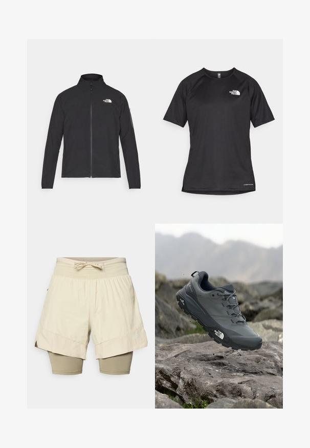 Musta jakk, millel on kõrge krae, eesneediga ja tekstuuriga kangas. Omab logo vasakul ülal ja küljetaskut varrukal.; Must mustreening, lühikeste varrukatega sportpoliis, millel on tekstuuriga kangas, valge logo vasakul rinnal ja sirge äär.; Beežid šortsid sobivate beežide retuuside peal, tekstuuritud kangas, elastne vöökoht koos paelaga, külgedel lõhikud hemist, logo alumisel jalal.; Hallhalli jooksukingad halli värvi, tekstureeritud ülemise osaga, vastupidava kummist tallaga ja tugevdatud varvaste kattega. Omab paelu ja kaubamärgi logo küljel.