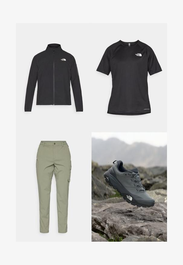 Casaco preto com um colarinho alto, fecho na frente e tecido texturizado. Apresenta um logótipo no canto superior esquerdo e um bolso lateral na manga.; Camisa atlética preta de manga curta com um tecido texturizado, apresentando um logotipo branco no peito esquerdo e uma bainha reta.; Calças cargo de verde oliva claro com um design de perna reta, fecho frontal por botão e bolsos laterais para funcionalidade. Tecido liso e durável.; Sapatilha de corrida em trilhos cinza com um cabedal texturizado, sola de borracha durável e ponteira reforçada. Apresenta atacadores e o logótipo da marca de lado.