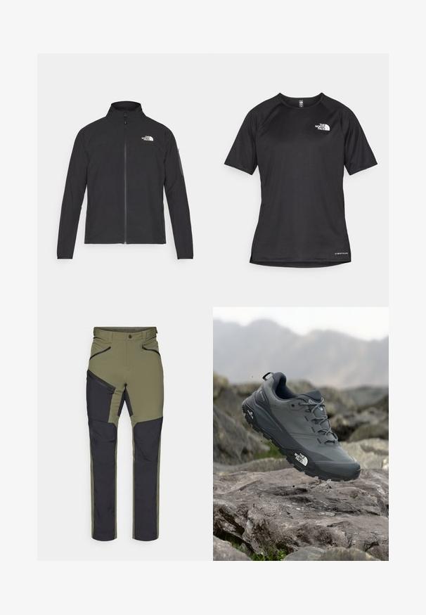 Melna jaka ar augstu apkakli, priekšpuses rāvējslēdzēju un teksturētu audumu. Ievērojams logo augšējā kreisajā pusē un sānu kabata uz piedurknes.; Melna sporta krekla īsām piedurknēm ar strukturētu audumu, kas ir ar baltu logotipu kreisajā krūtīs un taisnu apakšmalu.; Oluļa zaļās un melnās ārējās bikses ar kabatām ar rāvējslēdzējiem, sašaurinātiem kājām un pastiprinātiem paneļiem izturības nodrošināšanai. Izgatavotas no elpojoša materiāla.; Pelēki skrējēju apavi ar teksturētu virsu, izturīgu gumijas zoli un pastiprinātu pirkstu daļu. Iekļauj šņores un zīmola logo sānos.