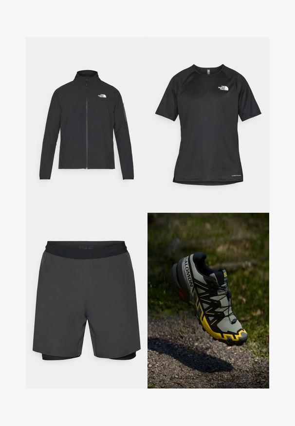 Čierna bunda s vysokým golierom, predným zipsom a textúrovanou tkaninou. Na prednej strane má logo na ľavej hornej strane a bočnú vrecko na rukáve.; Čierne športové tričko s krátkym rukávom z texturovanej látky, s bielym logom na ľavej hrudi a rovným lemom.; Pánske šortky v tmavosivej farbe, s čiernym elastickým pásom a vnútornou priliehavou vrstvou. Hladká textúra, dĺžka po kolená.; Trailová bežecká obuv Salomon v tlmenej sivej farbe s jasne žltými akcentmi. Obsahuje textúrovanú podrážku, bezpečný systém šnurovania a polstrovaný golier.