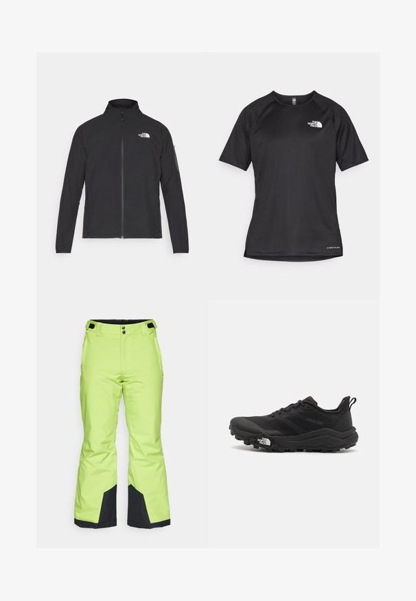 Musta jakk, millel on kõrge krae, eesneediga ja tekstuuriga kangas. Omab logo vasakul ülal ja küljetaskut varrukal.; Must mustreening, lühikeste varrukatega sportpoliis, millel on tekstuuriga kangas, valge logo vasakul rinnal ja sirge äär.; Kirkas laime roheline suusapüksid sileda tekstuuriga, mustade акtsentidega sääremikes ja nööbiga kinnitamine vööl.; Must tume jooksujalats musta värvi, tekstuurse ülemise osaga, kummist tallaga ja tugevdatud varbaga. Omab pehmendusega krae ja tõmblinti mugavaks selga panemiseks.