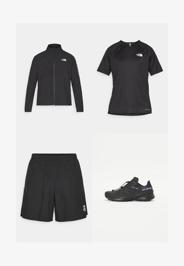 Black jacket with a high collar, front zipper, and textured fabric. Features a logo on the upper left and a side pocket on the sleeve.; Black short-sleeve athletic shirt with a textured fabric, featuring a white logo on the left chest and a straight hem.; Black elastic waist shorts with a small white graphic on the lower front side, designed for casual or sportswear.; Black trail running shoe with a textured upper, elastic laces, and Contagrip outsole. Features a snug fit and protective toe cap.