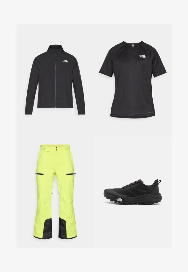 Czarna kurtka z wysokim kołnierzem, przednim zamkiem błyskawicznym i teksturowanym materiałem. Posiada logo na górnej lewej stronie oraz kieszeń na rękawie.; Czarna, krótkosleeve'owa koszulka sportowa z teksturowanej tkaniny, z białym logo na lewej piersi i prostym dołem.; Jasnożółte spodnie narciarskie z czarnymi akcentami, kieszeniami na zamek błyskawiczny oraz regulowanym pasem, wykonane z trwałego, odpornego na warunki atmosferyczne materiału.; Czarne buty do biegania w terenie z teksturowaną cholewką, gumową podeszwą i wzmocnionym noskiem. Posiadają wyściełany kołnierz oraz uchwyt do łatwego zakładania.