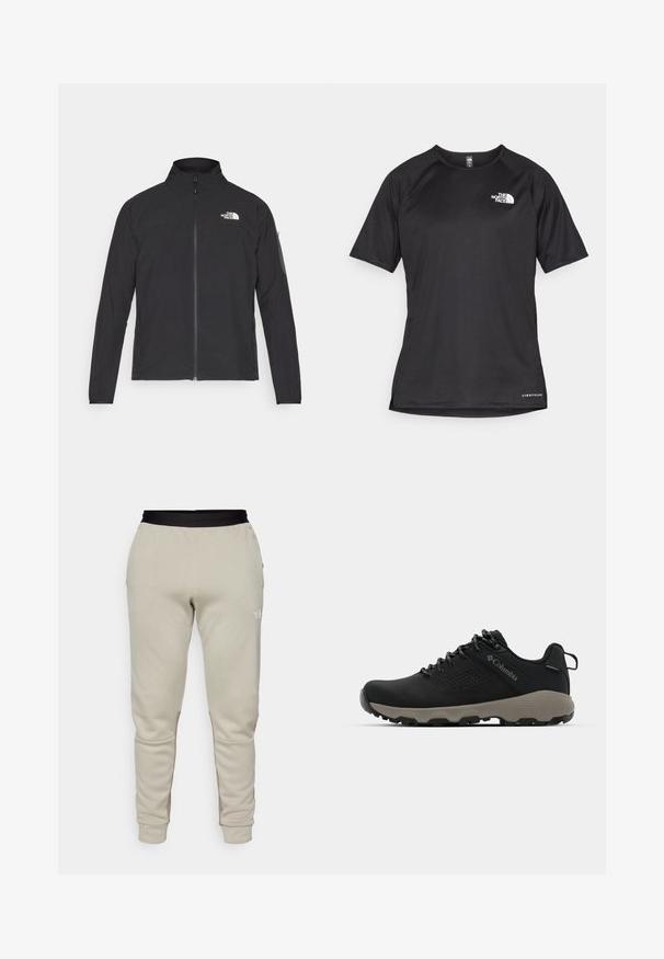 Fekete dzseki magas gallérral, elől cipzárral és texturált anyagból. Az elején bal oldalon logó található, és az ujjon egy oldalsó zseb helyezkedik el.; Fekete, rövid ujjú sportpóló struktúrált anyagból, bal mellen fehér logóval és egyenes aljjal.; The North Face MOUNTAIN ATHLETICS PANT - Tréningruha alsók - clay grey/cavern grey; Fekete túrabakancs sima felsőrésszel, perforált dizájnnal, szürke talppal és megerősített sarkal. Fűzővel és húzószalaggal van ellátva a könnyű felvétel érdekében.