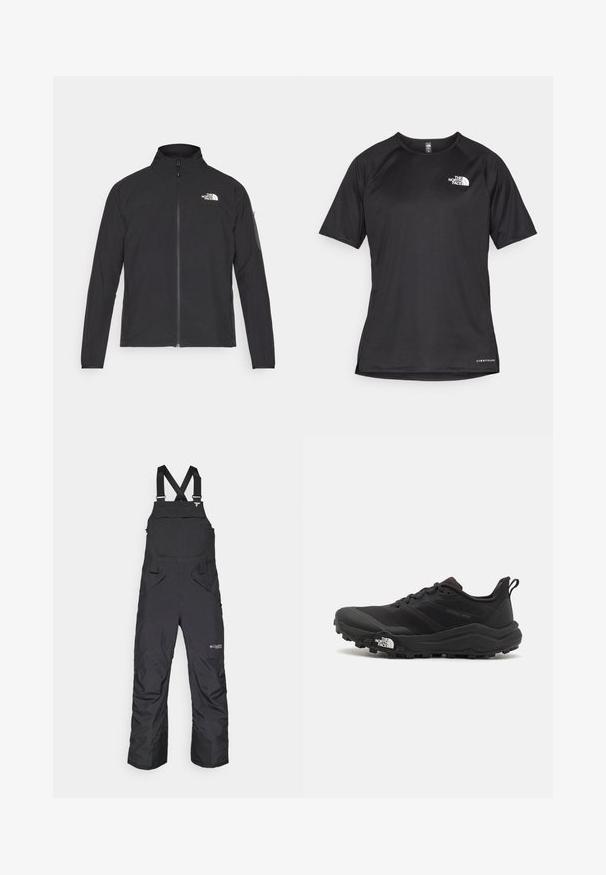 Črna jakna z visokim ovratnikom, sprednjim zadrgo in teksturirano tkanino. Ima logo na zgornji levi strani in stranski žep na rokavu.; Črna kratko rokavna športna majica iz teksturirane tkanine, z belim logotipom na levem prsnem delu in ravnim robom.; Črne snežne hlače z nastavljivimi naramnicami, stranskimi žepi in sprednjim žepom z flapom. Narejene iz vremensko odpornega materiala.; Črne tekaške čevlje za trail s teksturirano zgornjega dela, gumijastim podplatom in ojačanim zaključkom prstov. Vključuje oblazinjen ovratnik in zanko za enostavno obuvanje.