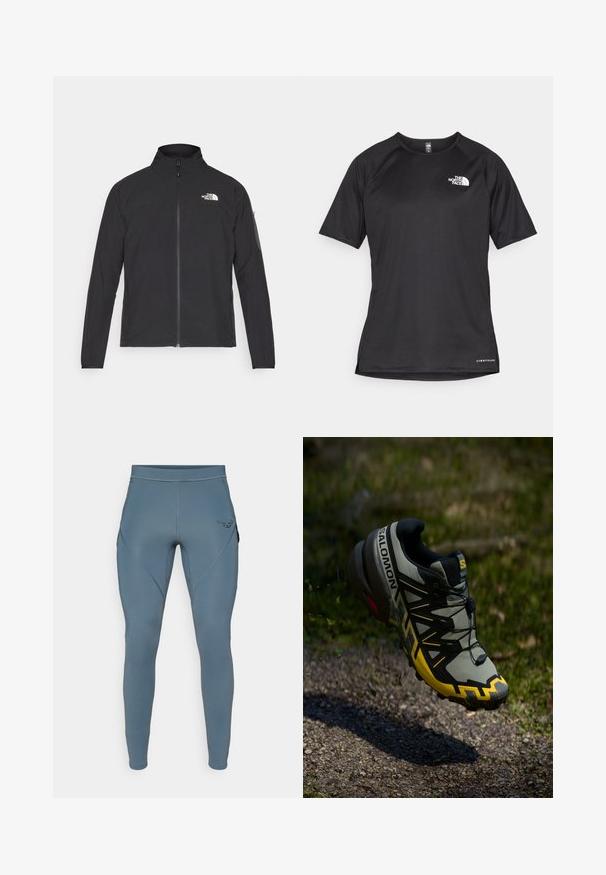 Crna jakna s visokim ovratnikom, prednjim zatvaračem i teksturiranim materijalom. Ima logo na gornjem lijevom dijelu i bočnu žepnju na rukavu.; Crna kratkotrajna atletska majica s teksturiranom tkaninom, koja ima bijeli logo na lijevom prsnom dijelu i ravni rub.; Plave atletske tajice s glatkom teksturom, koje imaju bočne džepove i kontrastni crni logo na bokovima. Prilagođen dizajn.; Salomon tenisice za trail trčanje u prigušenoj sivoj boji s živopisnim žutim detaljima. Imaju teksturiranu podlogu, siguran sustav vezivanja i podstavljeni ovratnik.