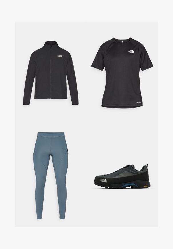 Giacca nera con colletto alto, zip frontale e tessuto strutturato. Presenta un logo sulla parte superiore sinistra e una tasca laterale sulla manica.; Maglietta sportiva nera a maniche corte con tessuto testurizzato, caratterizzata da un logo bianco sul lato sinistro del petto e orlo dritto.; Leggings atletiche blu con una texture liscia, dotati di tasche laterali e un logo nero a contrasto sull'anca. Design aderente.; The North Face VERTO ALPINE GORE TEX - Scarpa da hiking - asphalt grey/tnf black