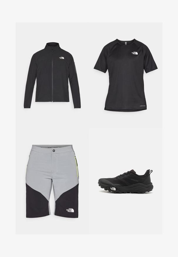 Svart jakke med høy krage, frontglidelås og teksturert stoff. Har et logo på øvre venstre side og en sidelomme på ermet.; Svart kortermet treningstrøye med strukturert stoff, med en hvit logo på venstre bryst og rett kant.; Herreshorts i grå med sorte detaljer, med en buet design, glidelåslommer på siden, og The North Face-logoen på det nederste benet.; Svart terrengløpesko med teksturert overdel, gummisåle og forsterket tåhette. Har polstret krage og løftestropp for enkel påkledning.