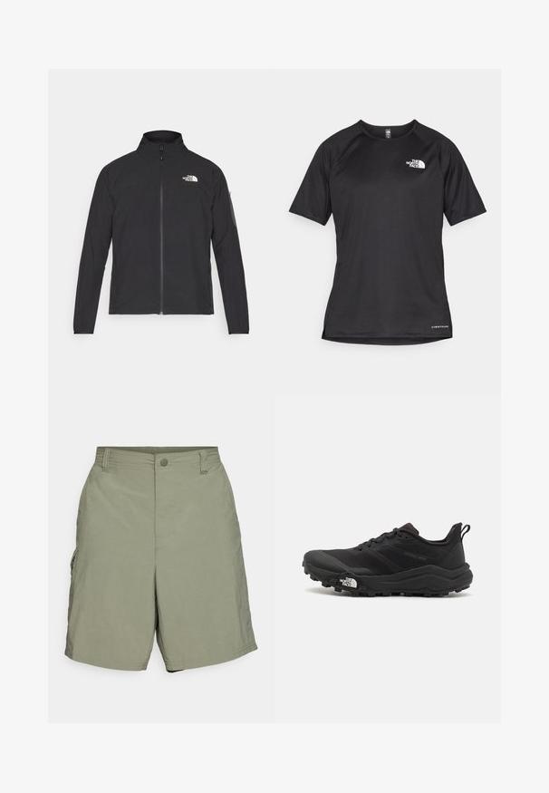 Sort jakke med høj krave, frontlynlås og struktureret stof. Har et logo på øverste venstre side og en sidelomme på ærmet.; Sort kortærmet træningsskjorte i tekstureret stof med et hvidt logo på venstre bryst og lige kant.; Columbia BAHAMA™ - Friluftsshorts - cypress; Sort trail løbesko med en struktureret overdel, gummisål og forstærket tåhætte. Har en polstret krave og en pull-tab til nem påtagning.