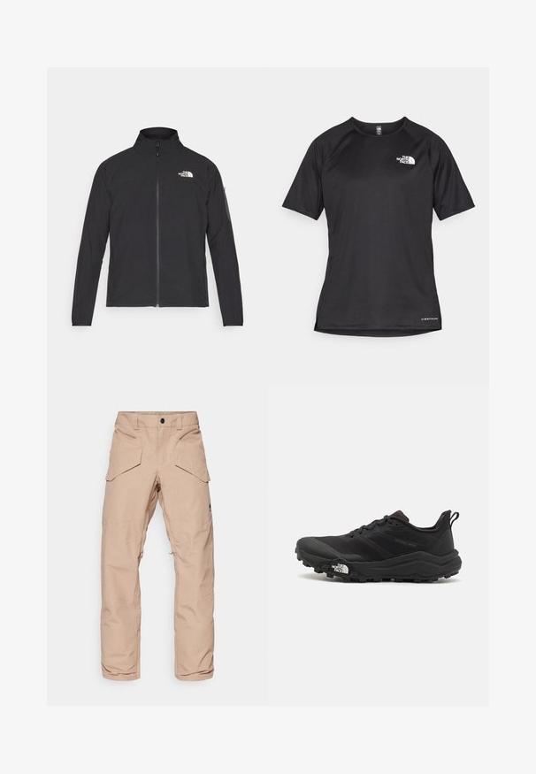 Crna jakna s visokim ovratnikom, prednjim zatvaračem i teksturiranim materijalom. Ima logo na gornjem lijevom dijelu i bočnu žepnju na rukavu.; Crna kratkotrajna atletska majica s teksturiranom tkaninom, koja ima bijeli logo na lijevom prsnom dijelu i ravni rub.; Svijetlosmeđi cargo hlače od vodootpornog materijala, s više džepova, ojačanim koljenima i patentnim zatvaračem na donjem dijelu nogavica radi prilagodljivosti.; Crne trail trkačke cipele s teksturiranim gornjim dijelom, gumeni potplat i ojačana zaštita za prste. Imaju podstavljen ovratnik i trakicu za lakše obuvanje.