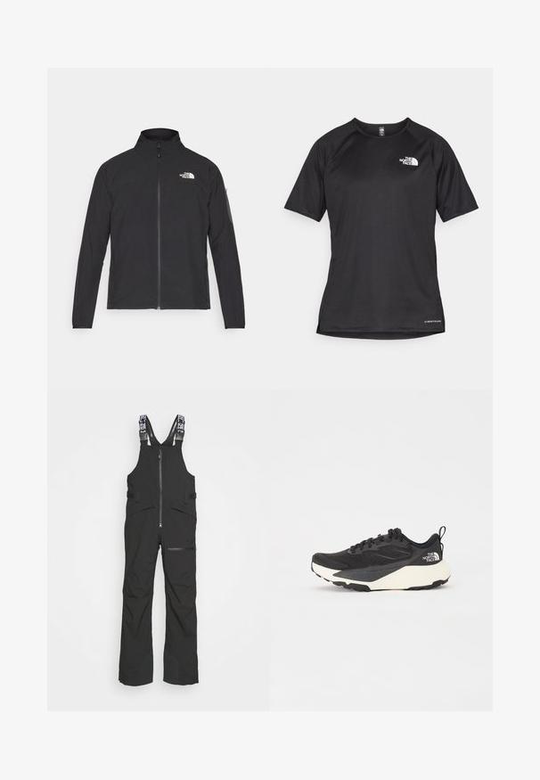 Veste noire avec col montant, fermeture éclair à l'avant et tissu texturé. Présente un logo sur le coin supérieur gauche et une poche latérale sur la manche.; T-shirt de sport noir à manches courtes avec un tissu texturé, arborant un logo blanc sur la poitrine gauche et un ourlet droit.; Les salopettes noires imperméables sont dotées de bretelles ajustables, d'une fermeture éclair sur le devant et de plusieurs poches, avec des panneaux de jambes renforcés pour plus de durabilité.; Chaussure de sport noire avec une tige en mesh texturé, accents noirs solides et semelle extérieure légère blanche. Dispose d'un système de laçage et d'une tirette.