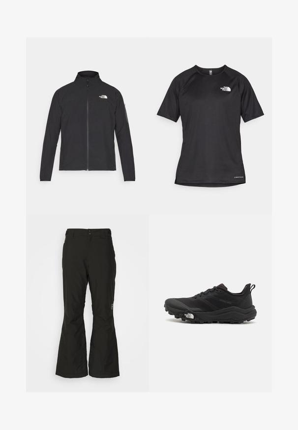 Black jacket with a high collar, front zipper, and textured fabric. Features a logo on the upper left and a side pocket on the sleeve.; Black short-sleeve athletic shirt with a textured fabric, featuring a white logo on the left chest and a straight hem.; Black, waterproof ski pants with a straight leg design, two side pockets, and reinforced lower hems for durability. Includes adjustable waistband.; Black trail running shoe with a textured upper, rubber sole, and reinforced toe cap. Features a padded collar and pull tab for easy wear.