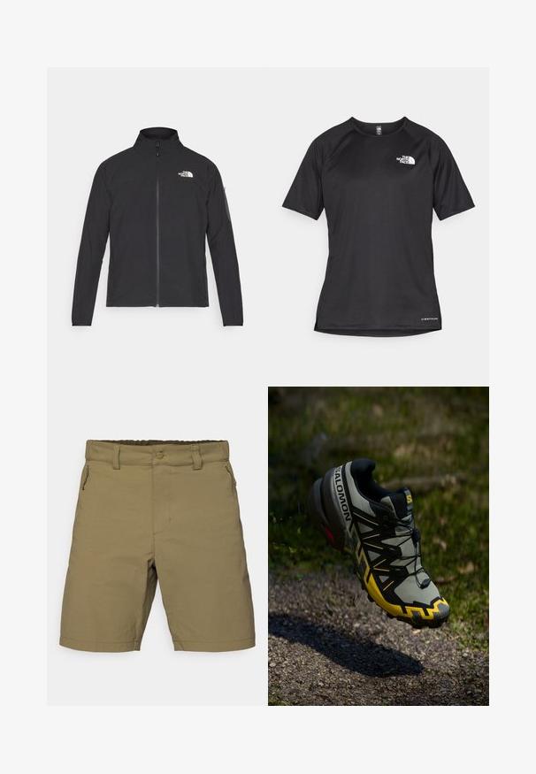 Svart jakke med høy krage, frontglidelås og teksturert stoff. Har et logo på øvre venstre side og en sidelomme på ermet.; Svart kortermet treningstrøye med strukturert stoff, med en hvit logo på venstre bryst og rett kant.; Kaki shorts laget av lett materiale, med en glidelåslomme, knappelukking og rett kant. Midjebåndet er delvis elastisk.; Salomon terrengløpesko i dempet grå med klare gule aksenter. Har en teksturert såle, sikkert snøresystem og polstret krage.