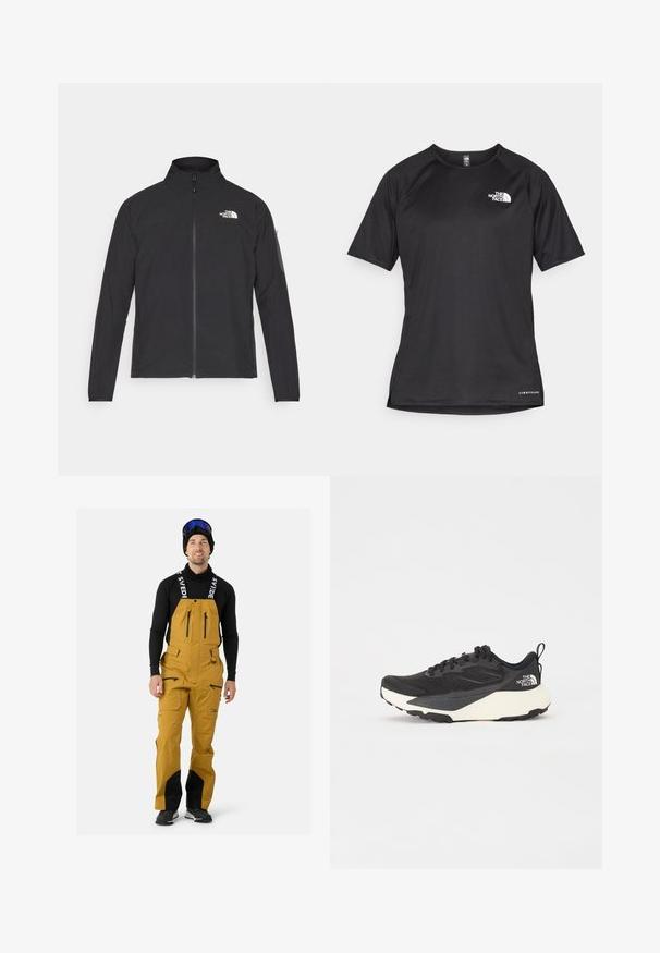 Czarna kurtka z wysokim kołnierzem, przednim zamkiem błyskawicznym i teksturowanym materiałem. Posiada logo na górnej lewej stronie oraz kieszeń na rękawie.; Czarna, krótkosleeve'owa koszulka sportowa z teksturowanej tkaniny, z białym logo na lewej piersi i prostym dołem.; Żółte ogrodniczki narciarskie z czarnymi akcentami i zamkami błyskawicznymi. Posiadają regulowane szelki i gładką fakturę. Noszone na czarnej bluzie z długim rękawem.; Czarne buty sportowe z teksturowaną siateczką, solidnymi czarnymi akcentami i białą, lekką podeszwą. Posiadają zapięcie na sznurówki i uchwyt do zakładania.