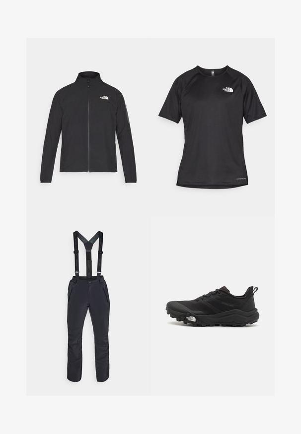 Fekete dzseki magas gallérral, elől cipzárral és texturált anyagból. Az elején bal oldalon logó található, és az ujjon egy oldalsó zseb helyezkedik el.; Fekete, rövid ujjú sportpóló struktúrált anyagból, bal mellen fehér logóval és egyenes aljjal.; Fekete vízálló nadrág állítható pántokkal, cipzáras zsebekkel és megerősített alsó lábszárakkal a tartósság és a funkcionalitás érdekében.; Fekete terepfutó cipő, textúrált felső résszel, gumitalppal és megerősített lábujjrészével. Párnázott bokarésszel és húzófüllel rendelkezik a könnyű felhúzáshoz.