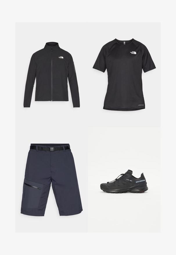 Zwarte jas met een hoge kraag, ritssluiting aan de voorkant en een gestructureerde stof. Heeft een logo op de bovenste linkerzijde en een zijzak op de mouw.; Zwarte sportshirt met korte mouwen van textuurstof, met een wit logo op de linkerborst en een rechte zoom.; Donkerblauwe cargoshorts met een zwarte riem, voorzien van een ritszak op het linkerpijp en een gestructureerde stof. Over het geheel genomen een slank, functioneel ontwerp.; Zwarte trailrunning-schoen met een gestructureerde bovenkant, elastische veters en Contagrip-buitenzool. Bevat een goede pasvorm en beschermende teenkap.